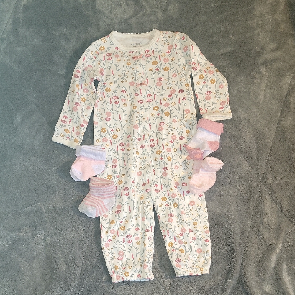 Carter's Floral One Piece Footie - Cream and Pink